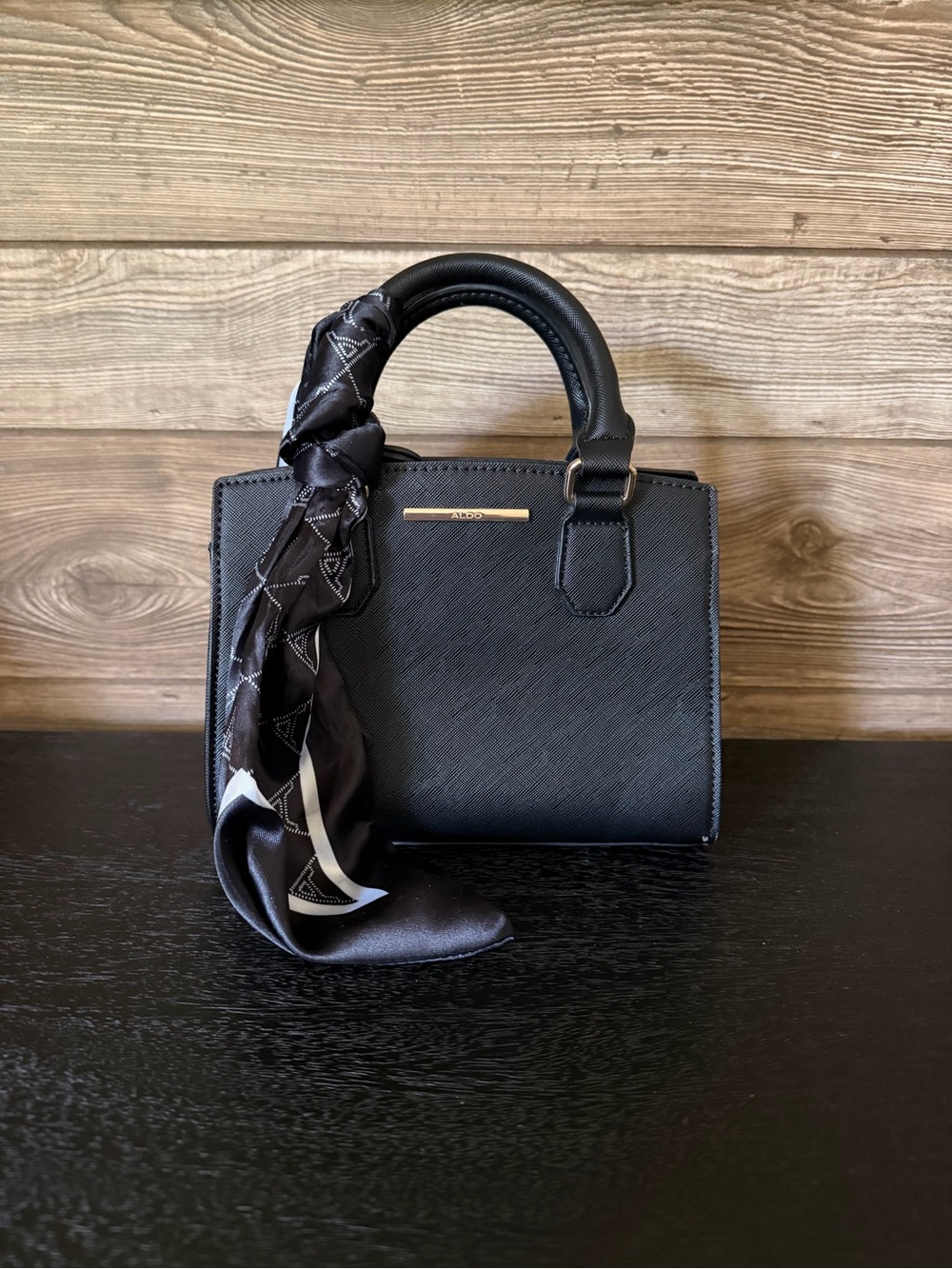 Aldo Black Top-Handle Structured Handbag with Patterned Scarf Accent